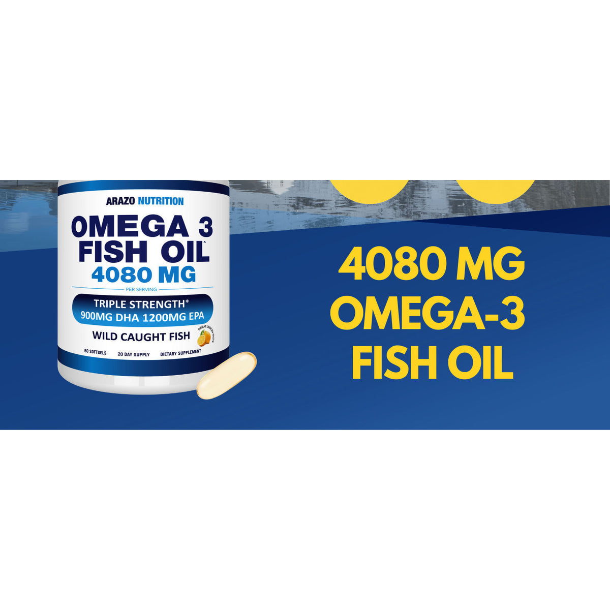 Arazo Nutrition Wild Caught Omega-3 Fish Oil Softgels with Lemon flavor, 4080mg EPA and DHA, 120 count in clear bottle.