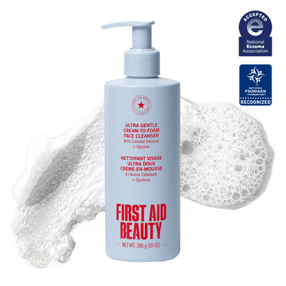 First Aid Beauty Ultra Gentle Cream-to-Foam Face Cleanser in 10oz bottle, suitable for sensitive skin and body care routines.