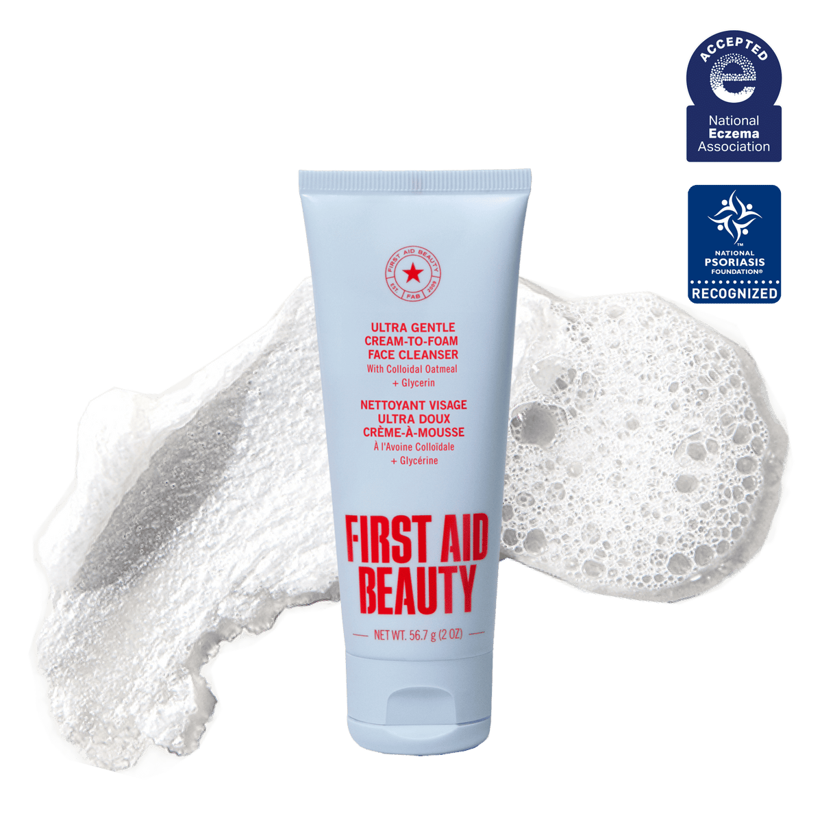 First Aid Beauty Ultra Gentle Cream-to-Foam Face Cleanser for body care, showing the 2oz bottle with white and blue packaging.