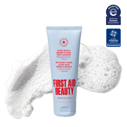 First Aid Beauty Ultra Gentle Cream-to-Foam Face Cleanser for body care, showing the 2oz bottle with white and blue packaging.