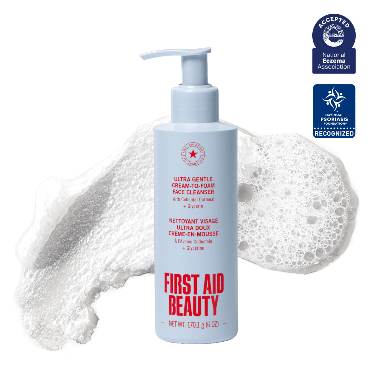 First Aid Beauty Ultra Gentle Cream-to-Foam Face Cleanser for body care, showing the 6oz bottle with a clean, foaming texture.