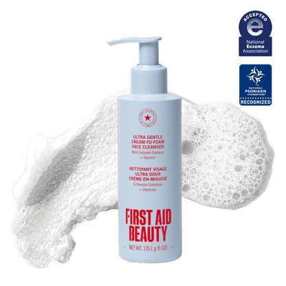 First Aid Beauty Ultra Gentle Cream-to-Foam Face Cleanser for body care, showing the 6oz bottle with a clean, foaming texture.