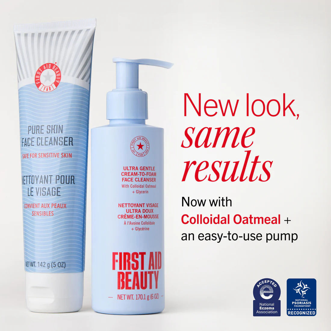 First Aid Beauty Ultra Gentle Cream-to-Foam Face Cleanser in a pump bottle, showcasing its soothing, gentle formula for facial cleansing.