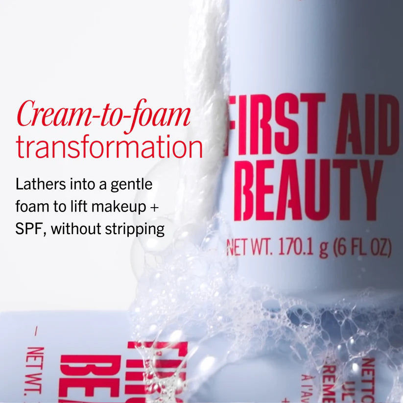 First Aid Beauty Ultra Gentle Cream-to-Foam Face Cleanser in a clear bottle, showing its smooth, creamy texture and pump dispenser.