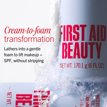 First Aid Beauty Ultra Gentle Cream-to-Foam Face Cleanser in a clear bottle, showing its smooth, creamy texture and pump dispenser.