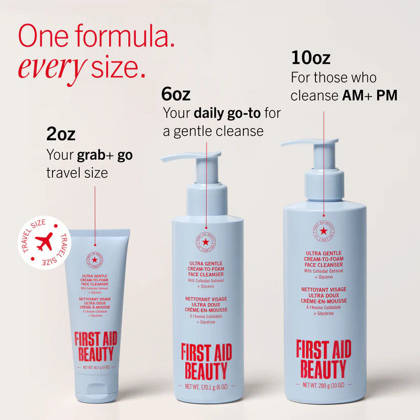 First Aid Beauty Ultra Gentle Cream-to-Foam Face Cleanser for body care, showing the creamy foam texture in a clean, minimal setting.