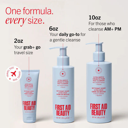 First Aid Beauty Ultra Gentle Cream-to-Foam Face Cleanser for body care, showing the creamy foam texture in a clean, minimal setting.