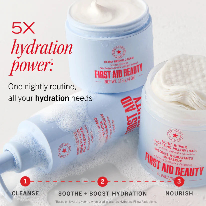 First Aid Beauty Ultra Gentle Cream-to-Foam Face Cleanser for body care, showing the cleanser's tube with foam texture and gentle formula.