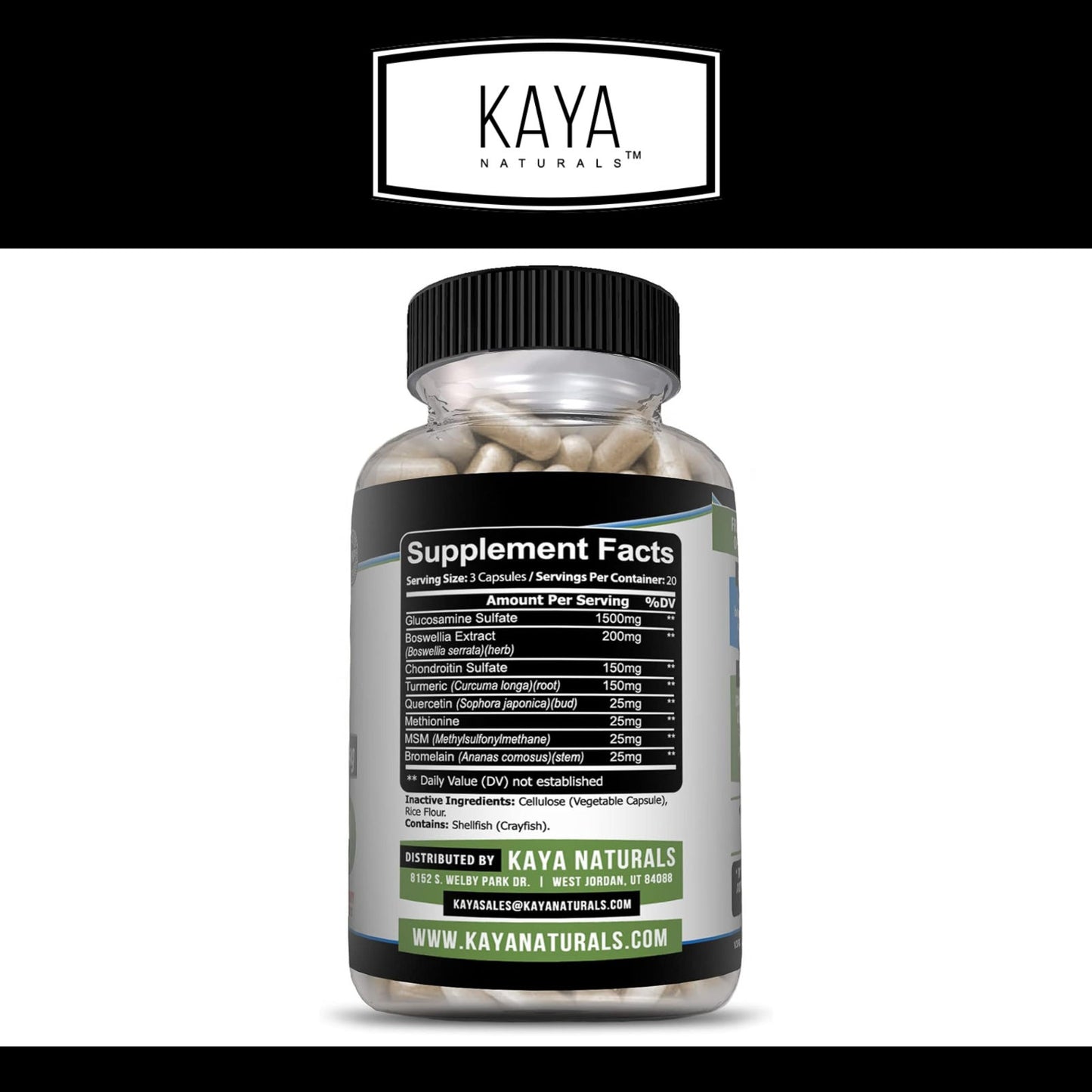 Kaya Naturals Triple Strength Joint Support Glucosamine Turmeric MSM Supplement 60ct