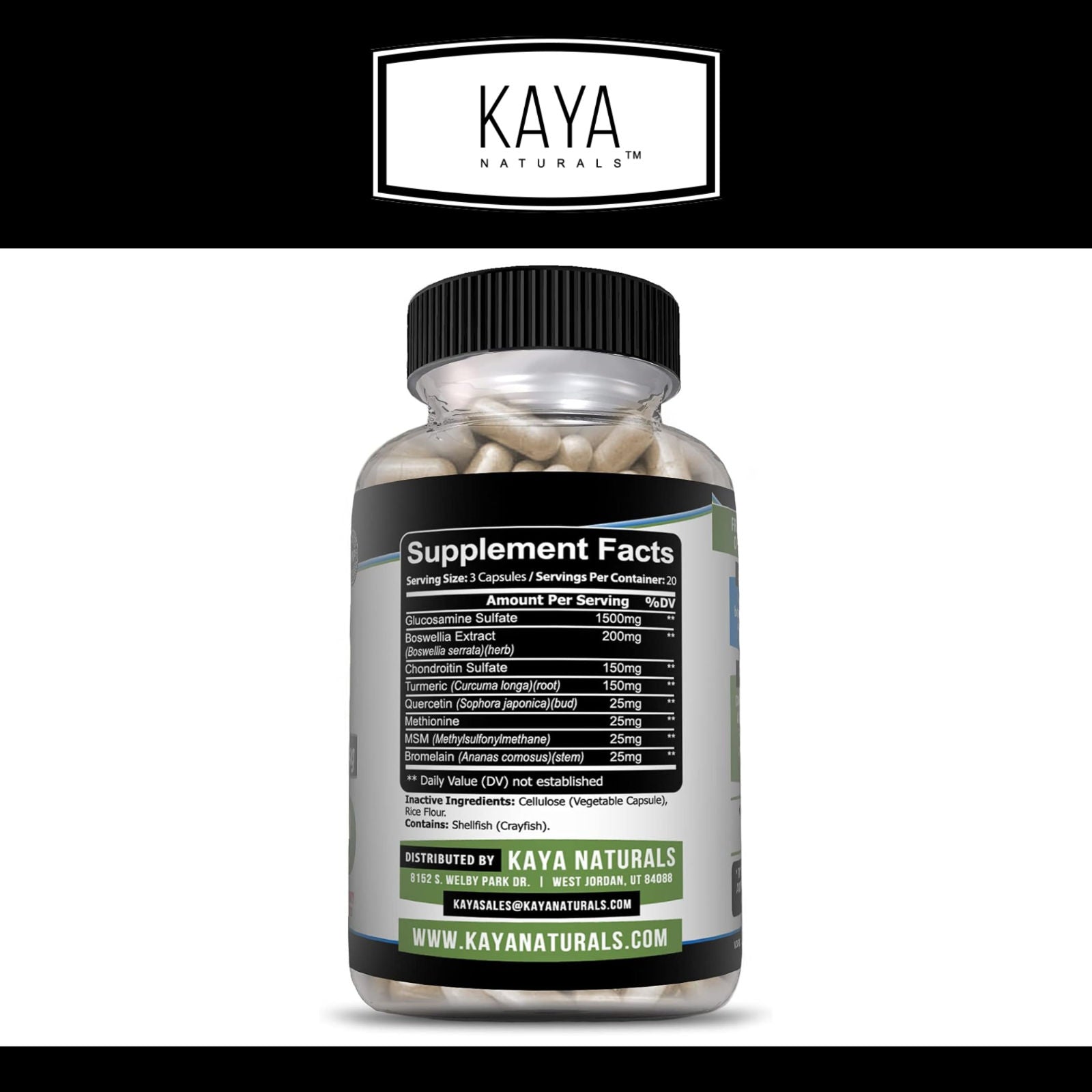 Kaya Naturals Triple Strength Joint Support Glucosamine Turmeric MSM Supplement 60ct