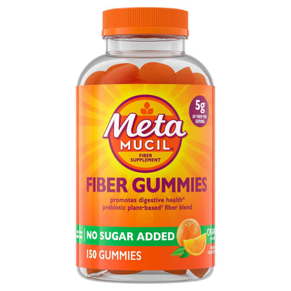 Metamucil Sugar-Free Orange Gummies with prebiotics and fiber, 150 count, showing bright orange gummy tablets on a white background.