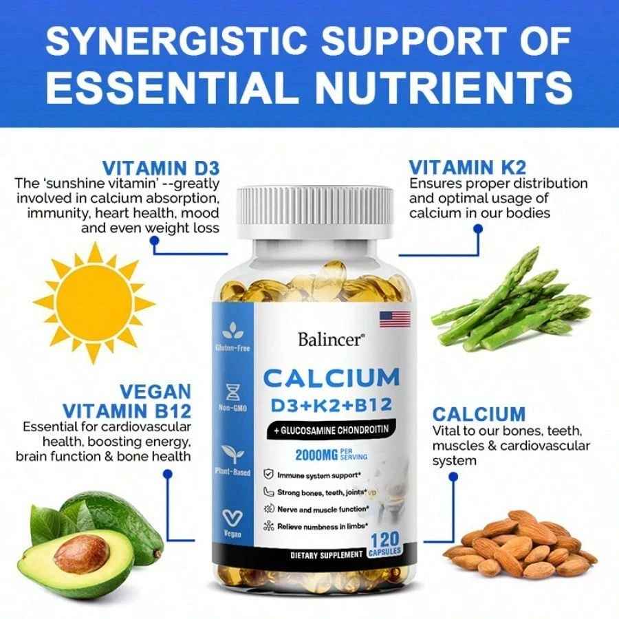 Calcium Supplement With Vitamin D3 K2 B12 Zinc High Absorption Formula 120 Softgels