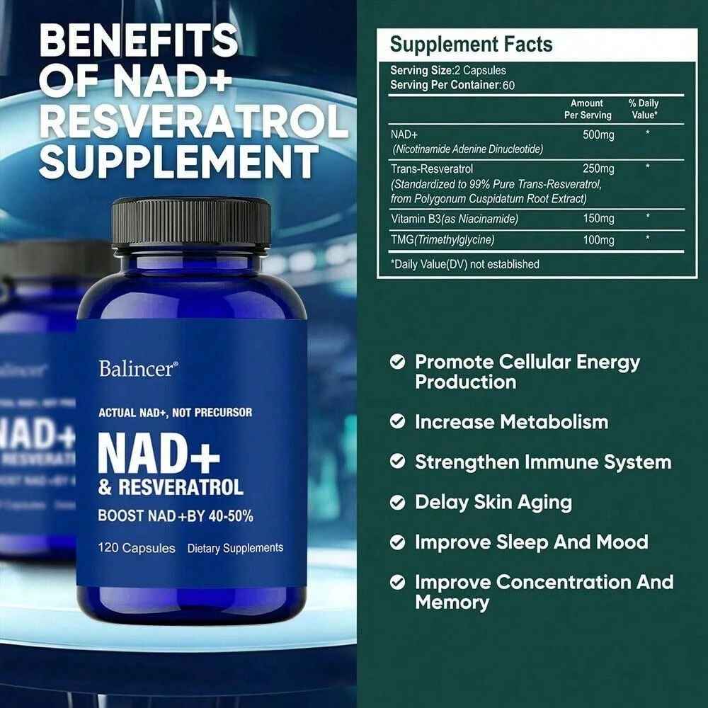 NAD + Resveratrol Formula Dietary Supplement Immune Support 120 Capsules