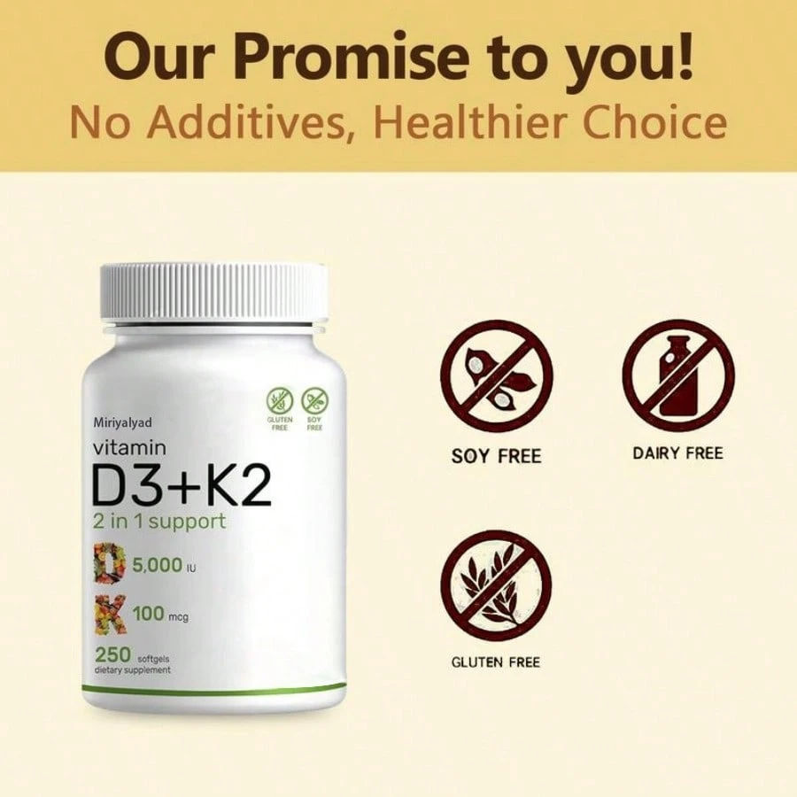 VitaBuy Vitamin D3 K2 Veggie Softgels for immune support, 250 count, showing softgel capsules in a clear container