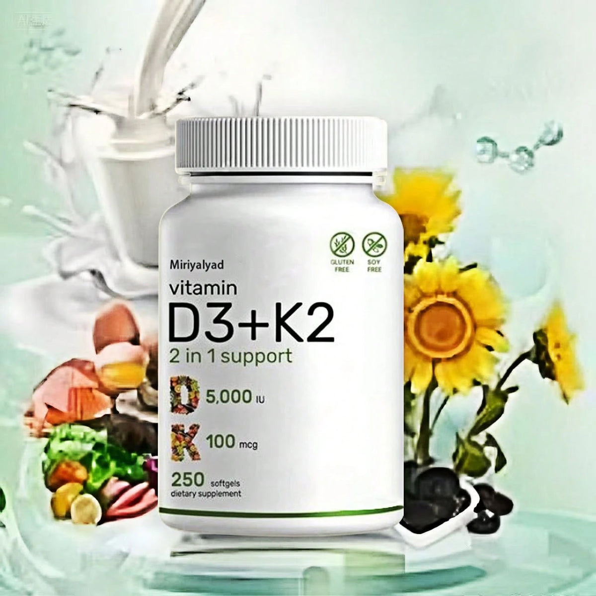 VitaBuy Vitamin D3 K2 Veggie Softgels for immune support, 250-count bottle, showing softgel capsules on a white background.