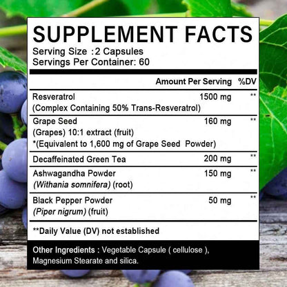 SHEIN Resveratrol 1500mg Antioxidant Supplement 120 Capsules