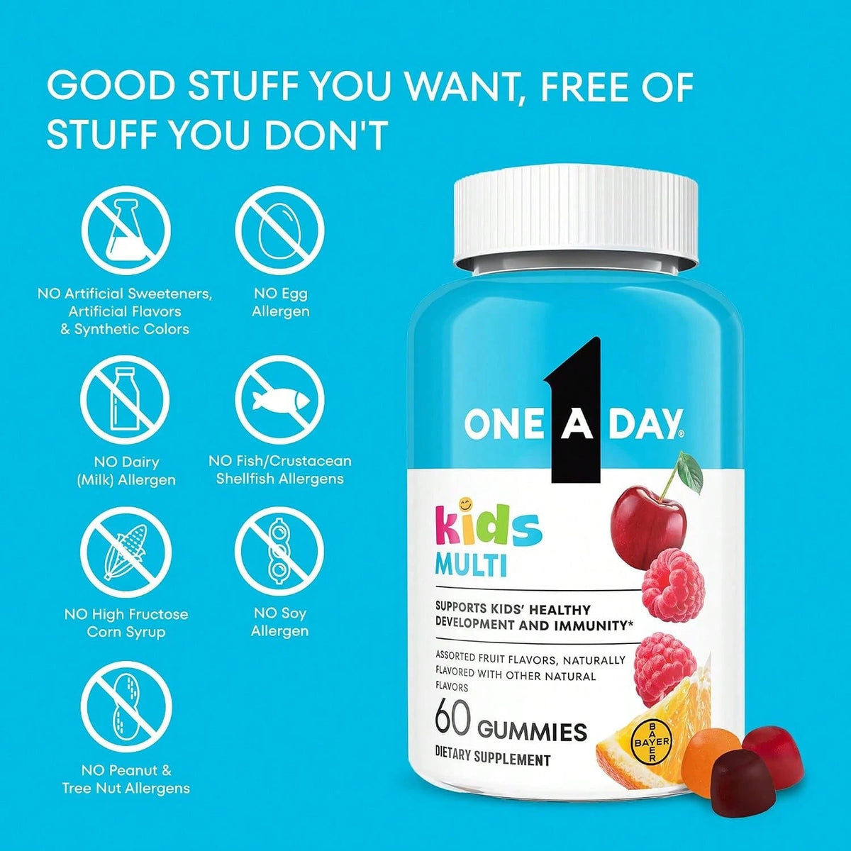 VitaBuy kids multivitamin gummies with Vitamin C, D, E, and Zinc, featuring colorful gummy shapes on a white background.