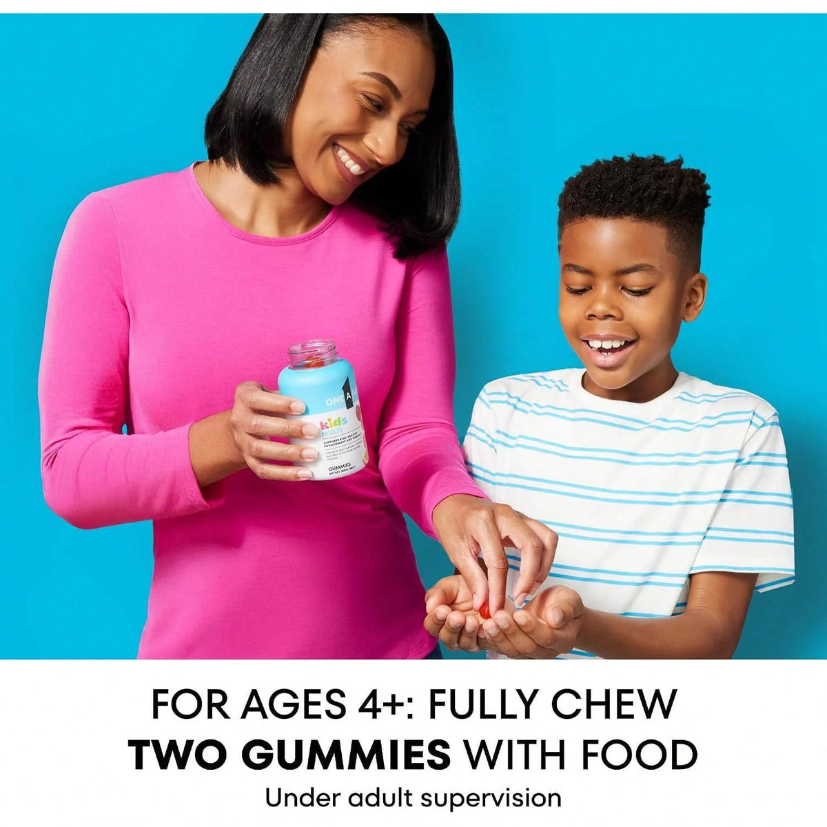 VitaBuy kids multivitamin gummies with vitamin C, D, E, and zinc, shown in colorful gummy form on a white background.