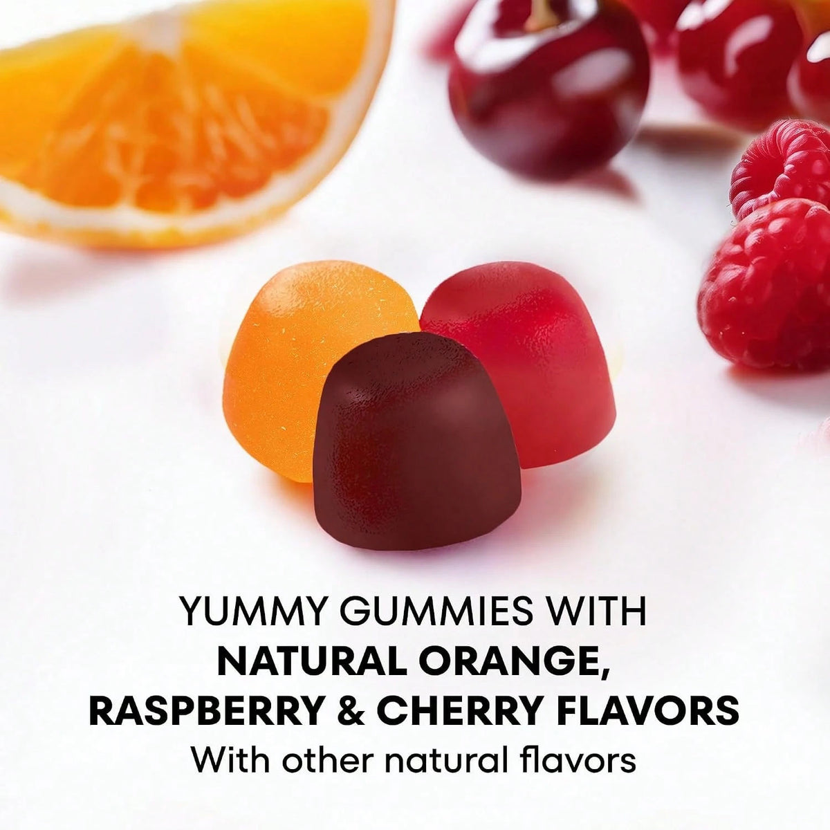 Kids multivitamin gummies with vitamin C, D, E, and zinc by VitaBuy, shown in colorful gummy form on a white background.