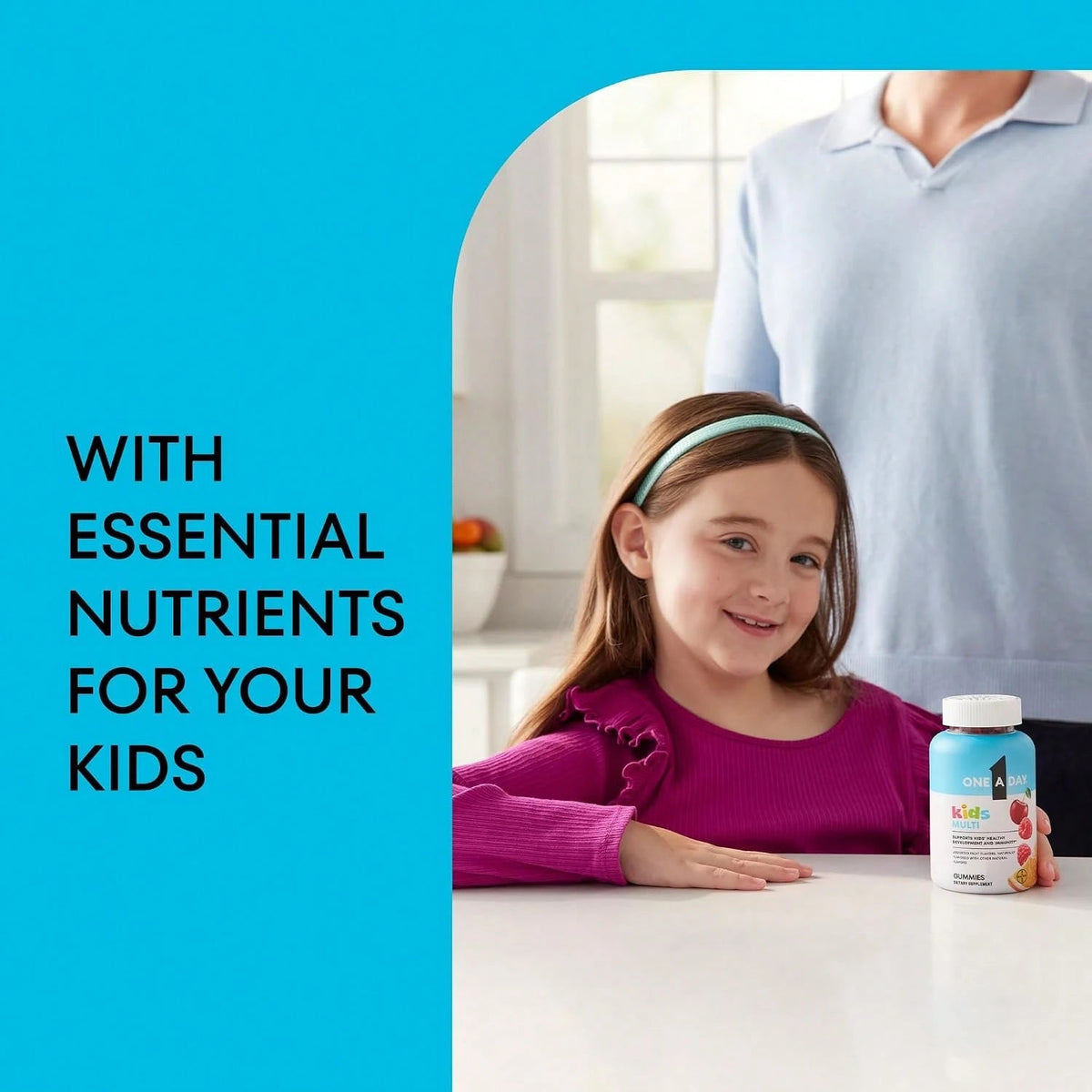 Children's multivitamin gummies by VitaBuy with Vitamin C, D, E, and Zinc, shown in colorful, fruit-flavored gummy form.