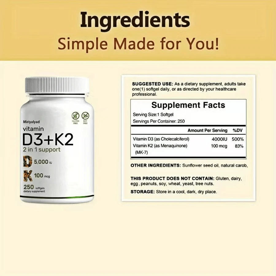 VitaBuy Vitamin D3 K2 Veggie Softgels for immune support, showing a bottle with 250 softgels and supplement label.