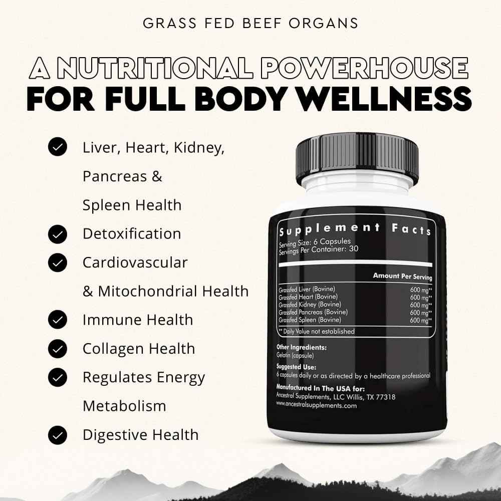 Ancestral Supplements Grass Fed Beef Organ Supplement Freeze-Dried 180 Capsules