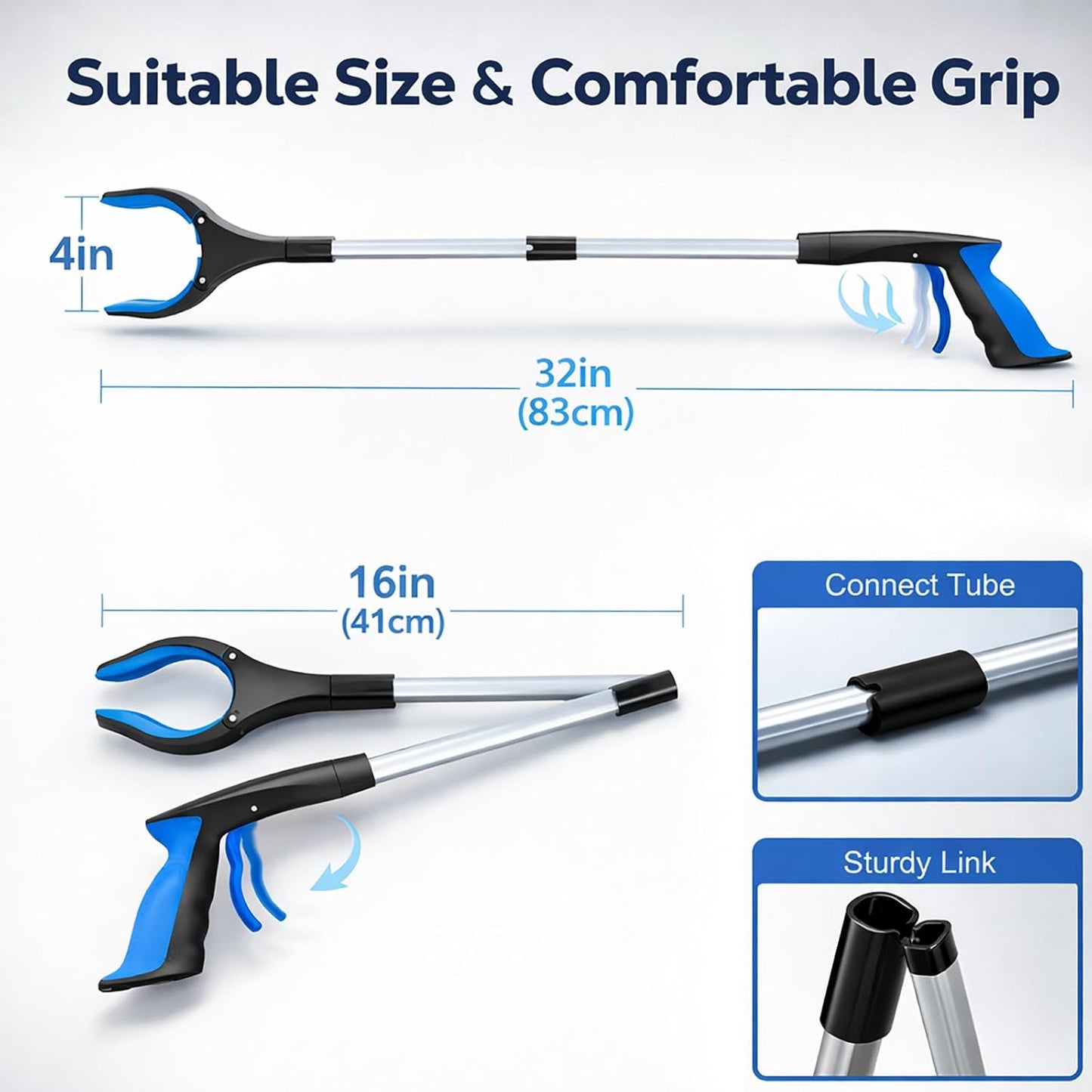 Grabber Reacher Tool 32 in Extra Long Foldable Gripper Heavy Duty Pick Up Stick for Seniors Trash Surgery Recovery Blue
