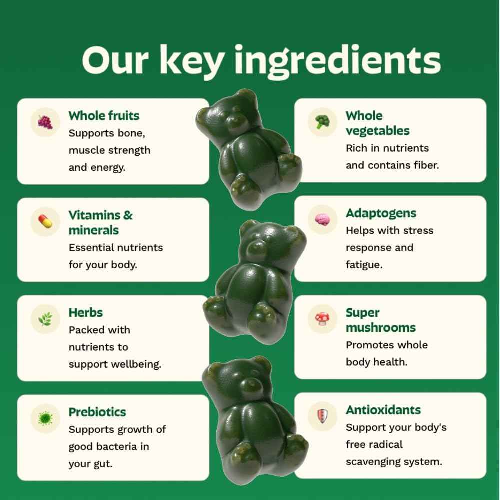 Gruns Adult Super Greens Multivitamin Gummies with Spirulina and Prebiotic Fiber