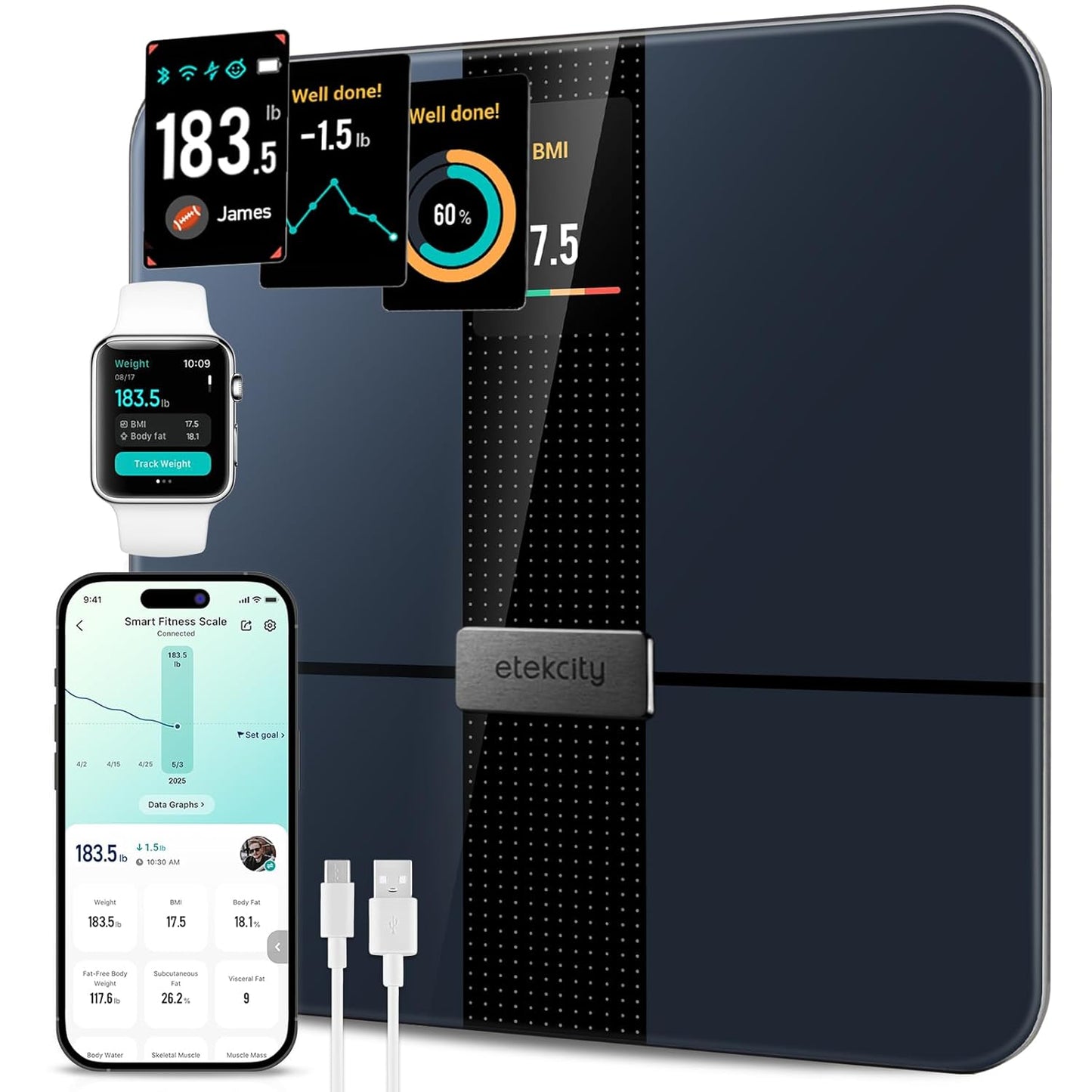 Etekcity Digital Body Weight Bathroom Scale 400 lb Capacity 6mm Tempered Glass Blue LCD Display