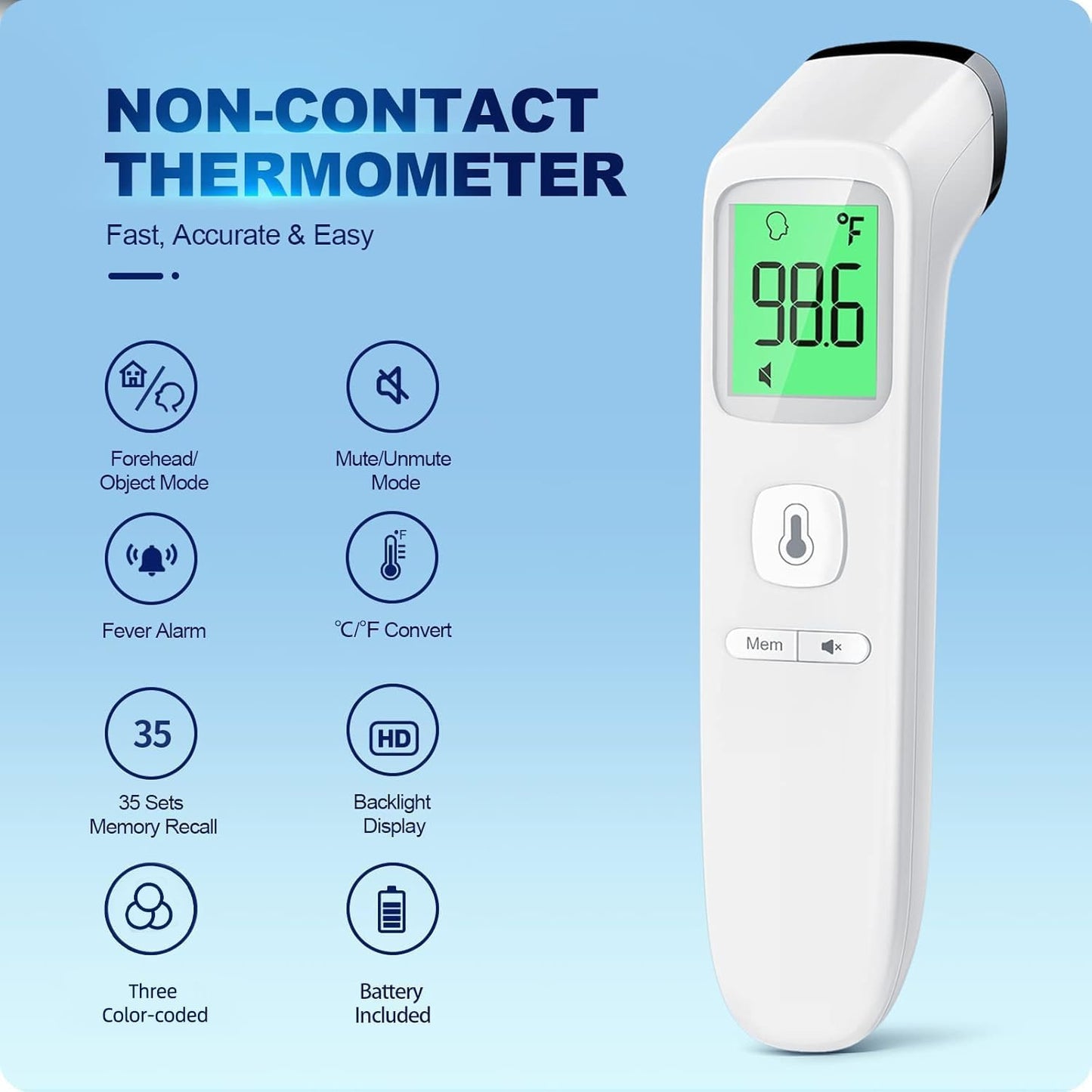 No-Touch Thermometer for Adults and Kids Accurate Digital Baby 1s Fast Reading Fever Alarm Silent Mode 35-Reading Memory Forehead & Object Mode AAA Battery Included