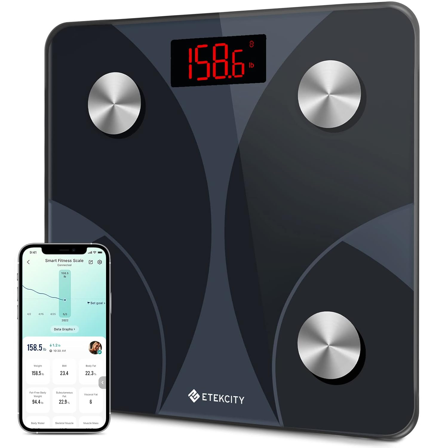 Etekcity Smart Scale Body Weight Fat BMI 400 lb Capacity Bluetooth LED Tempered Glass