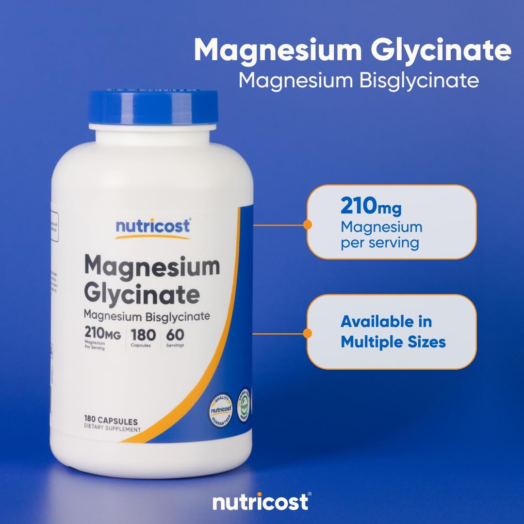 Nutricost Magnesium Glycinate 210mg Capsules 180 Count Gentle Absorption