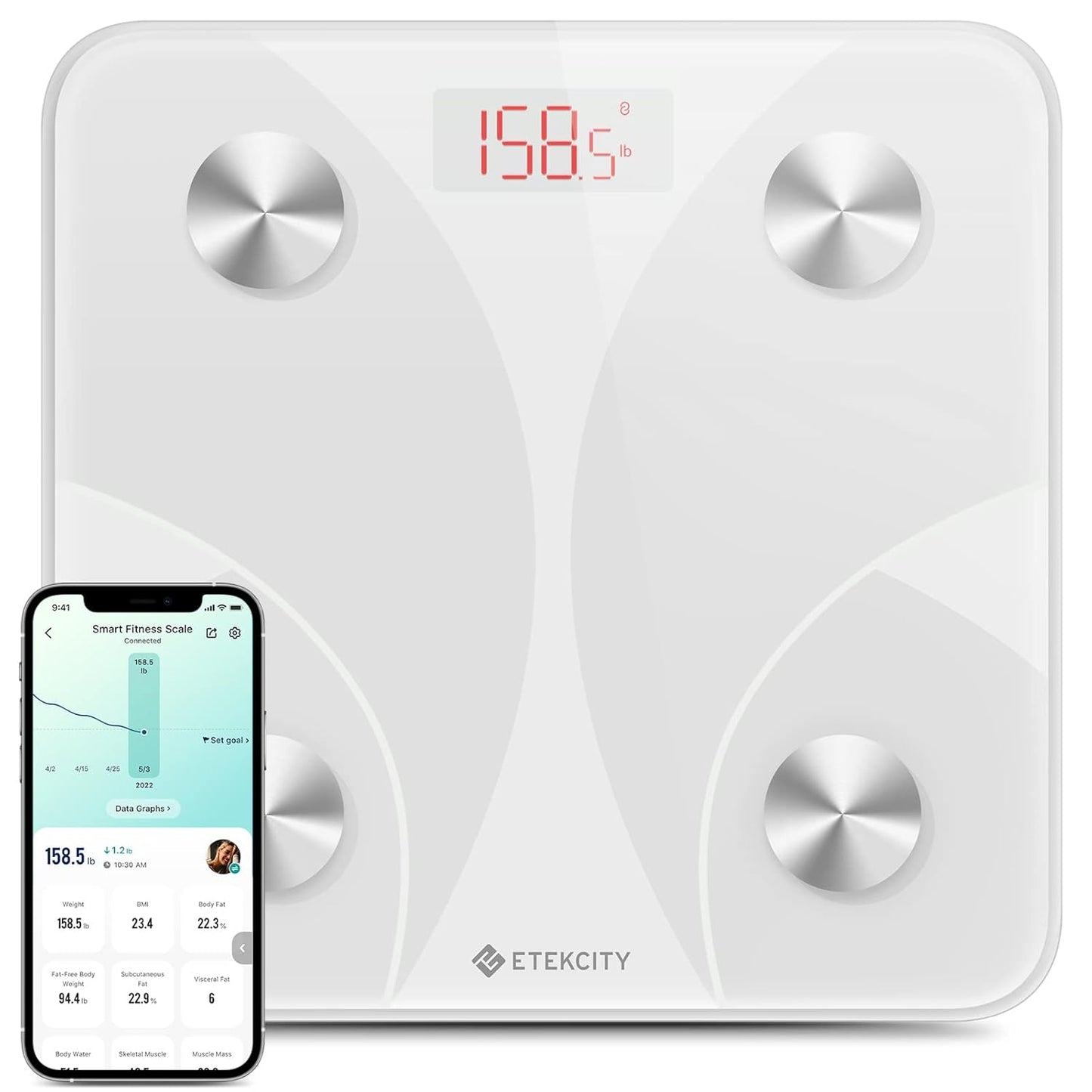 Etekcity Smart Scale Body Weight Fat BMI 400 lb Capacity Bluetooth LED Tempered Glass
