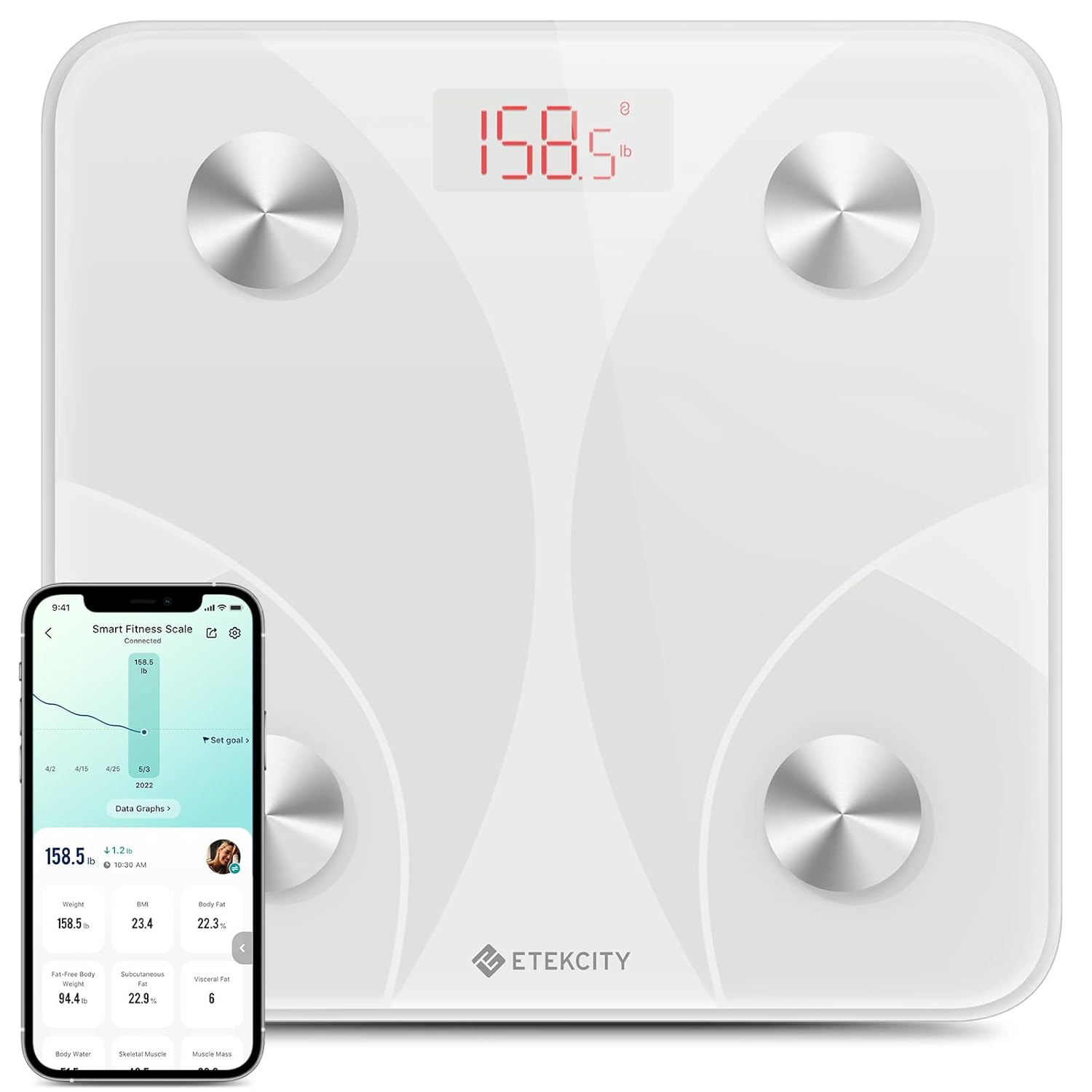 Etekcity Smart Scale Body Weight Fat BMI 400 lb Capacity Bluetooth LED Tempered Glass