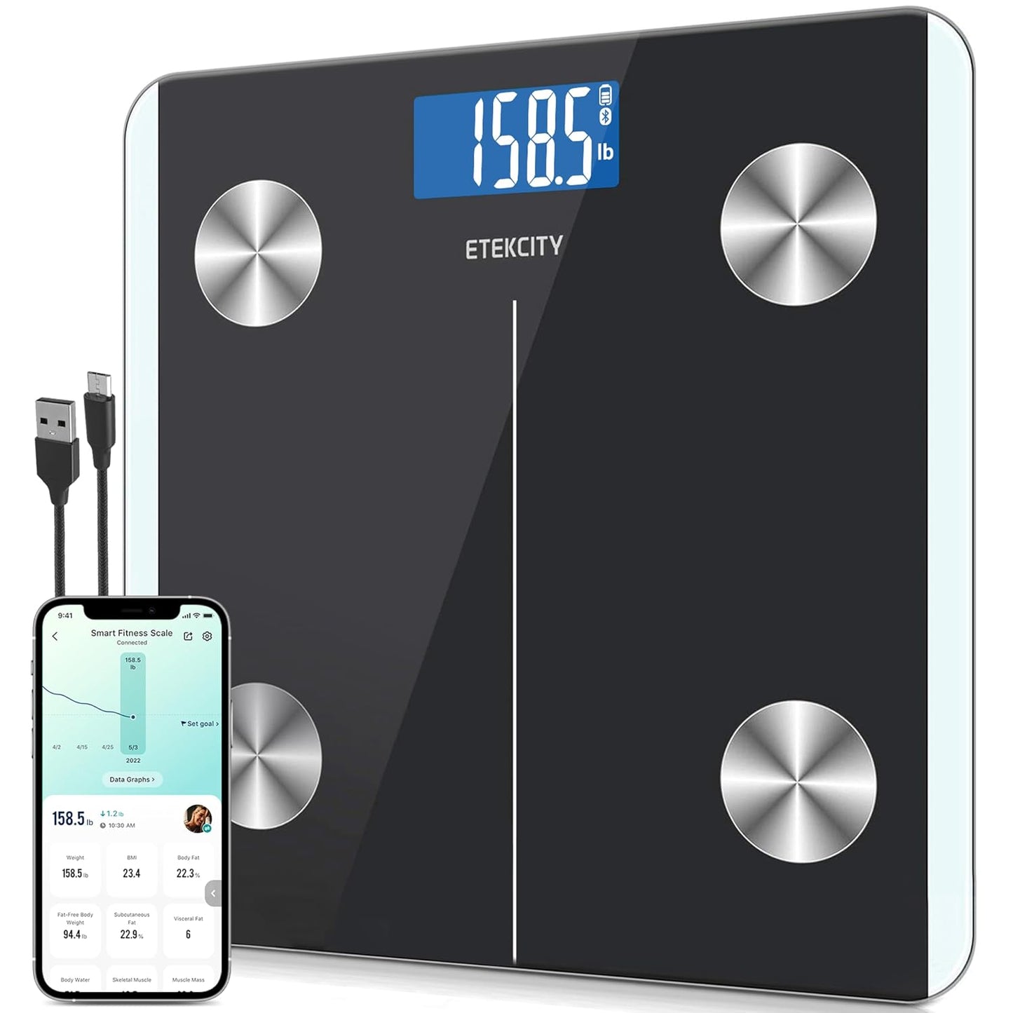 Etekcity Smart Scale Body Weight Fat BMI 400 lb Capacity Bluetooth LED Tempered Glass