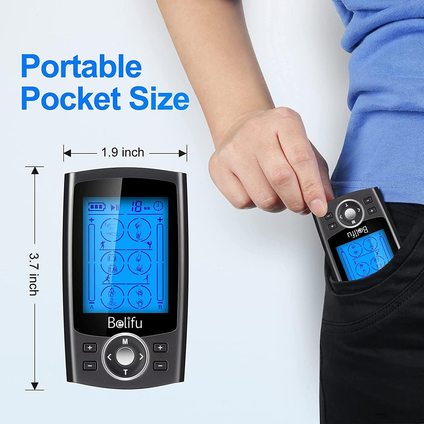 Belifu Dual Channel TENS EMS Unit 24 Modes Muscle Stimulator Pain Relief Therapy 10 Pads Storage Bag