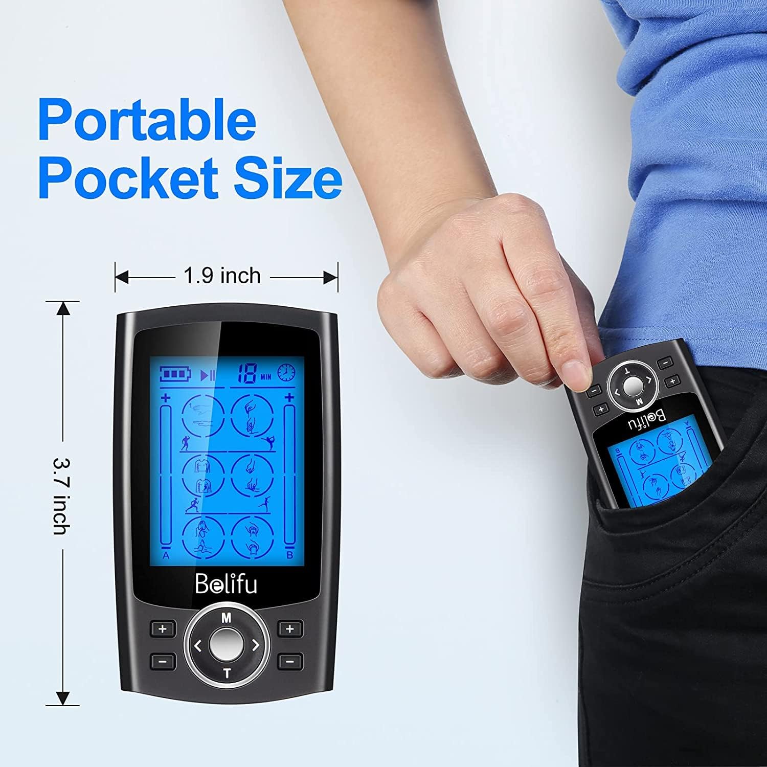 Belifu Dual Channel TENS EMS Unit 24 Modes Muscle Stimulator Pain Relief Therapy 10 Pads Storage Bag