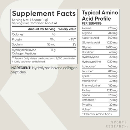 Sports Research Hydrolyzed Collagen Peptides Powder Supplement Unflavored