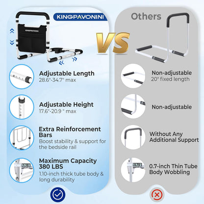 KingPavonini Bed Rails for Elderly Adults Safety 380 lbs ASTM Approved Adjustable Bed Cane Non-Slip Ergonomic Handle Storage Bag Tool-Free