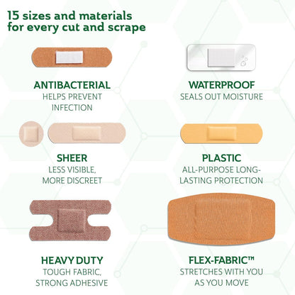 CURAD Assorted Bandages Variety Pack 300 Count 6 Styles Antibacterial Waterproof Sheer Plastic Heavy Duty Flex-Fabric Latex-Free