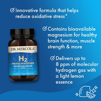 Dr. Mercola H2 Molecular Hydrogen magnesium tablets, 8 ppm, 90 servings, supplement bottle with tablets in blister pack