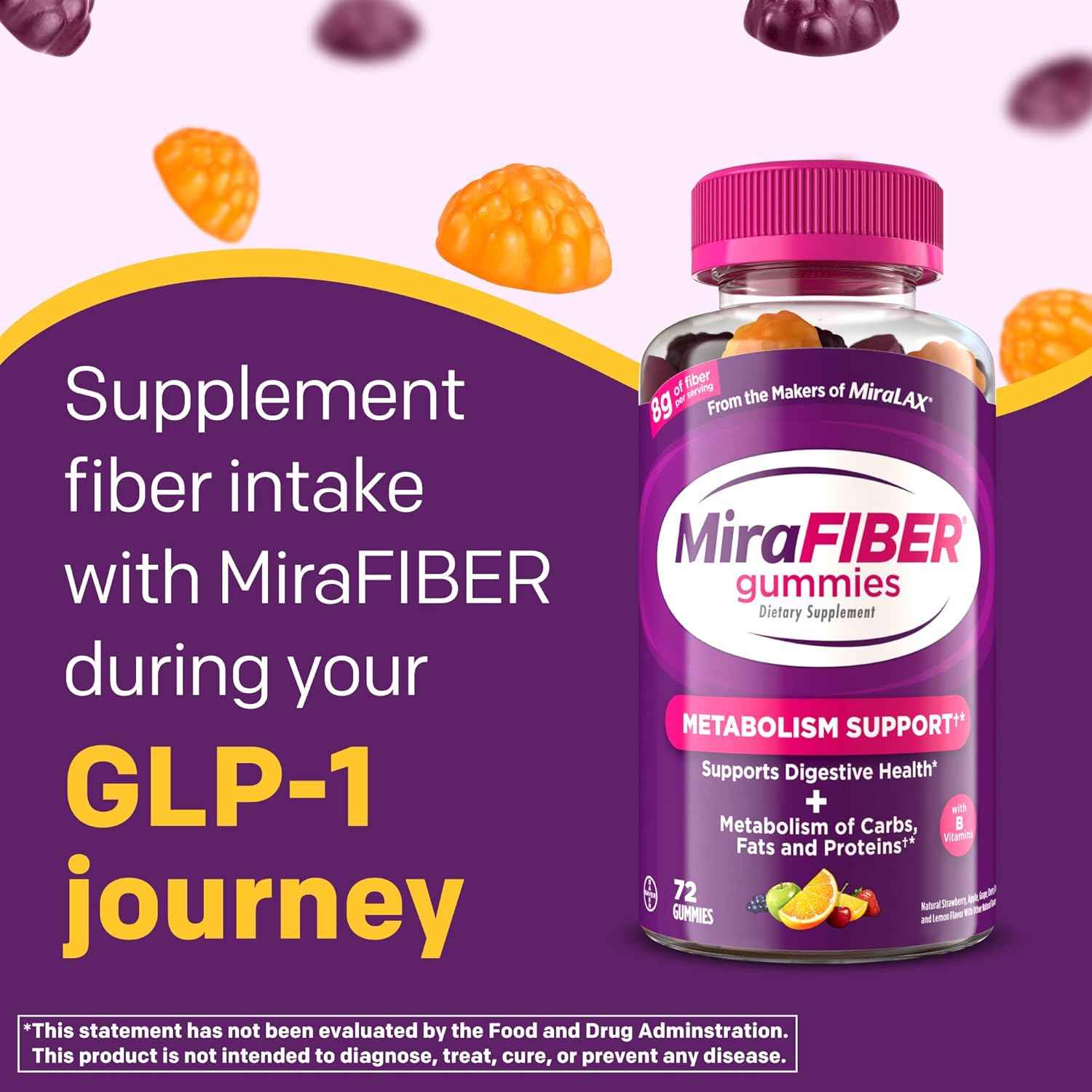 MiraFIBER Prebiotic Fiber Gummies 8g Mixed Fruit Flavor 72 Count