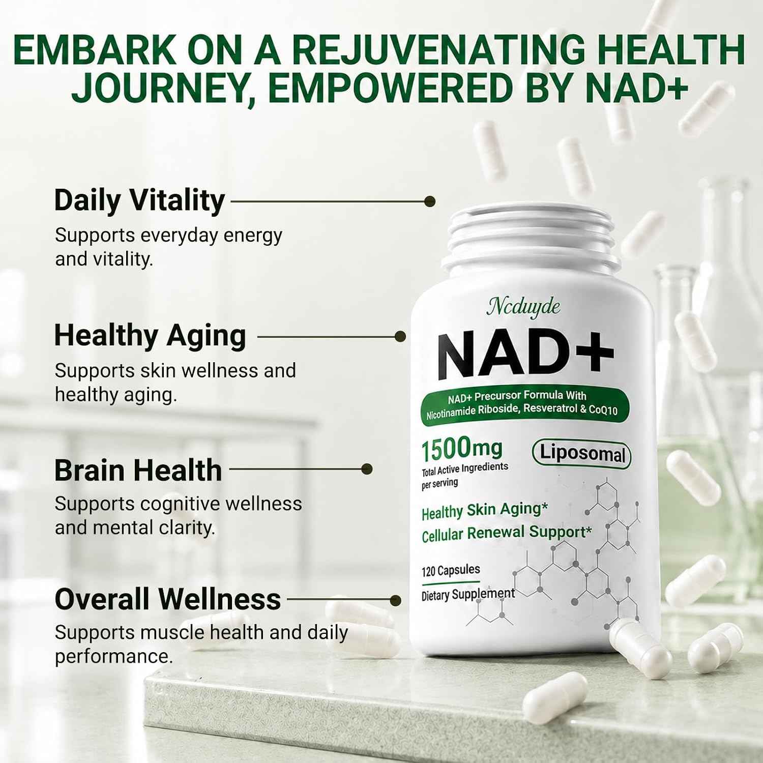 Ncduyde Liposomal NAD+ Supplement Nicotinamide Riboside Resveratrol 1500 mg