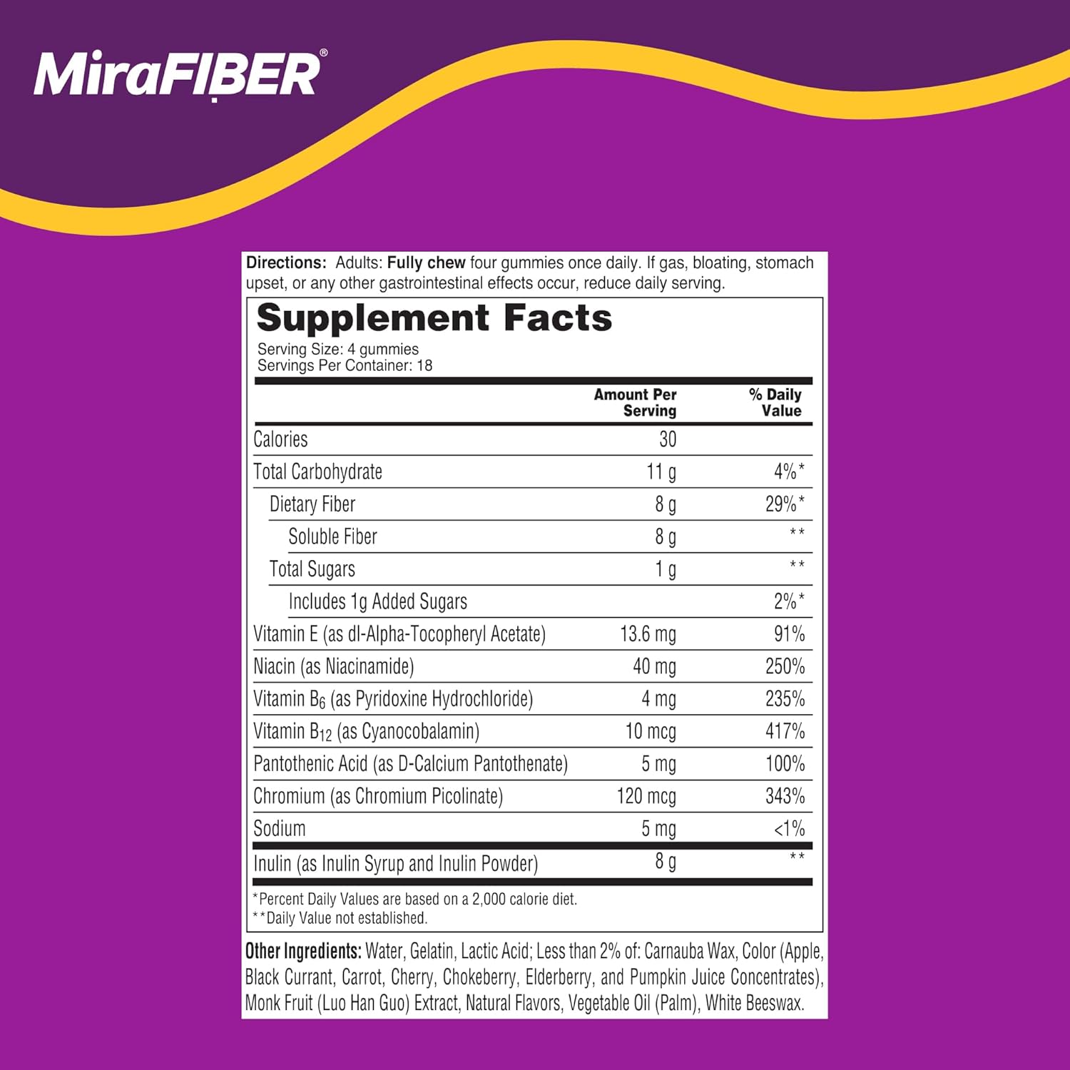 MiraFIBER Prebiotic Fiber Gummies 8g Mixed Fruit Flavor 72 Count