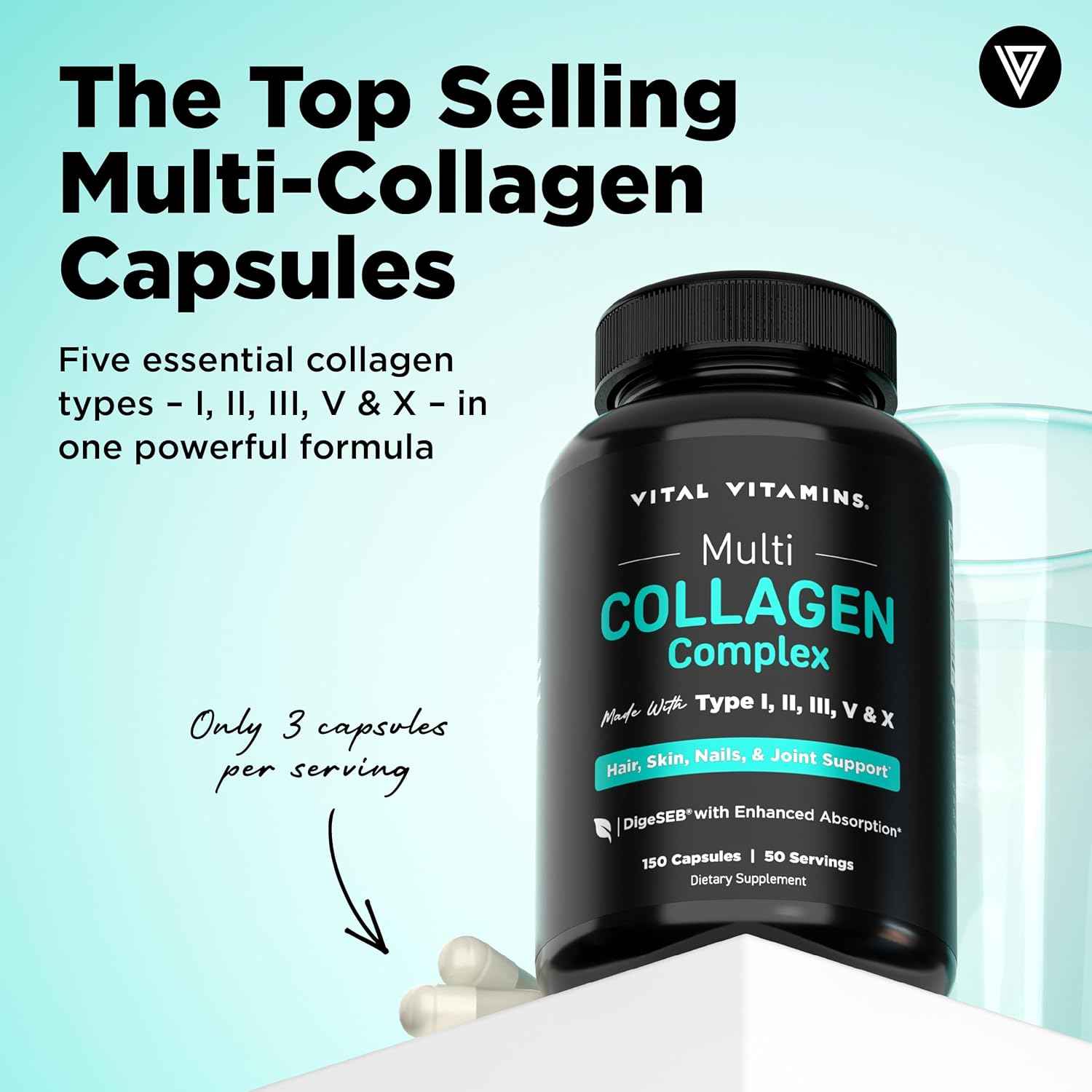 Vital Vitamins Multi Collagen Peptides Capsules Types I II III V X 150 Count