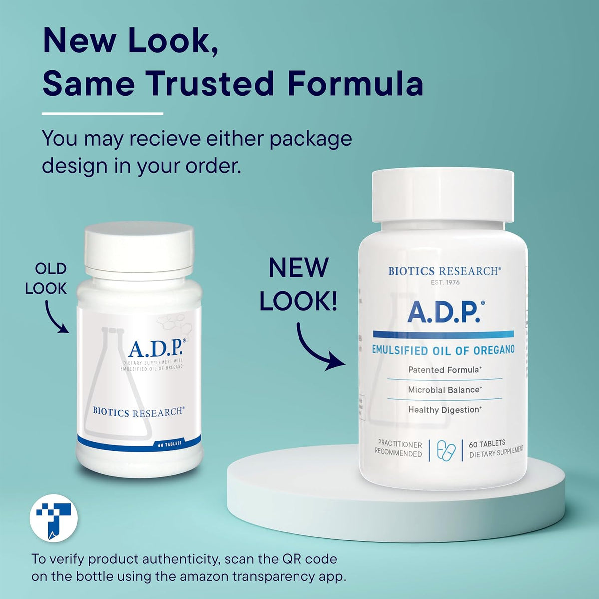 Biotics Research A.D.P. emulsified oil of oregano herbal supplement, 50mg, in a bottle with 60 tablets for GI health.