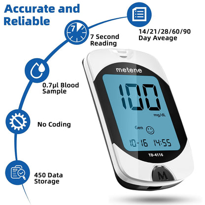 Metene TD-4116 Blood Glucose Monitor Kit 100 Strips No Coding 100 Lancets Lancing Device