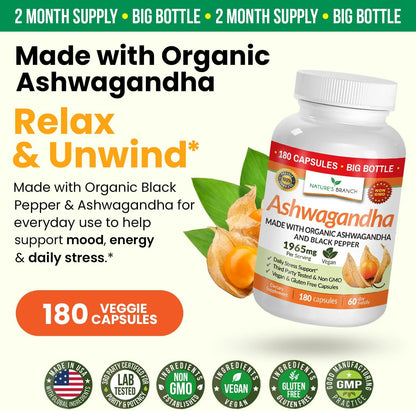 Nature's Branch Organic Ashwagandha Stress Sleep Mood Support Capsules 180 Count
