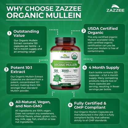 Zazzee Organic Mullein Leaf 10:1 Extract Respiratory Support Capsules