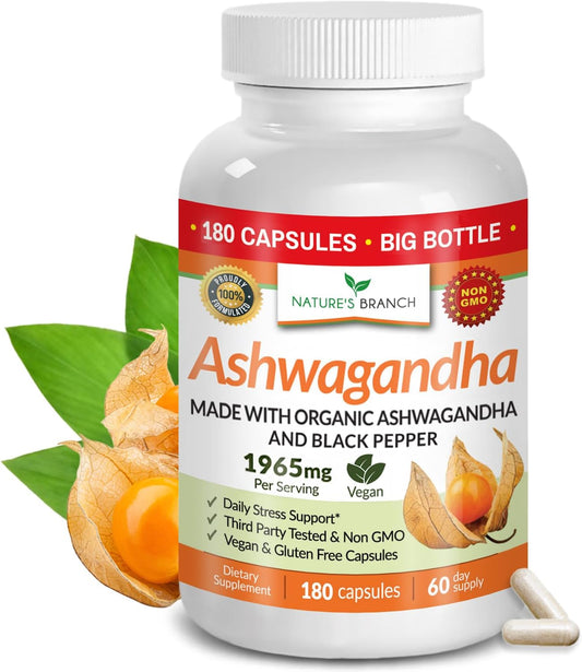 Nature's Branch Organic Ashwagandha Stress Sleep Mood Support Capsules 180 Count